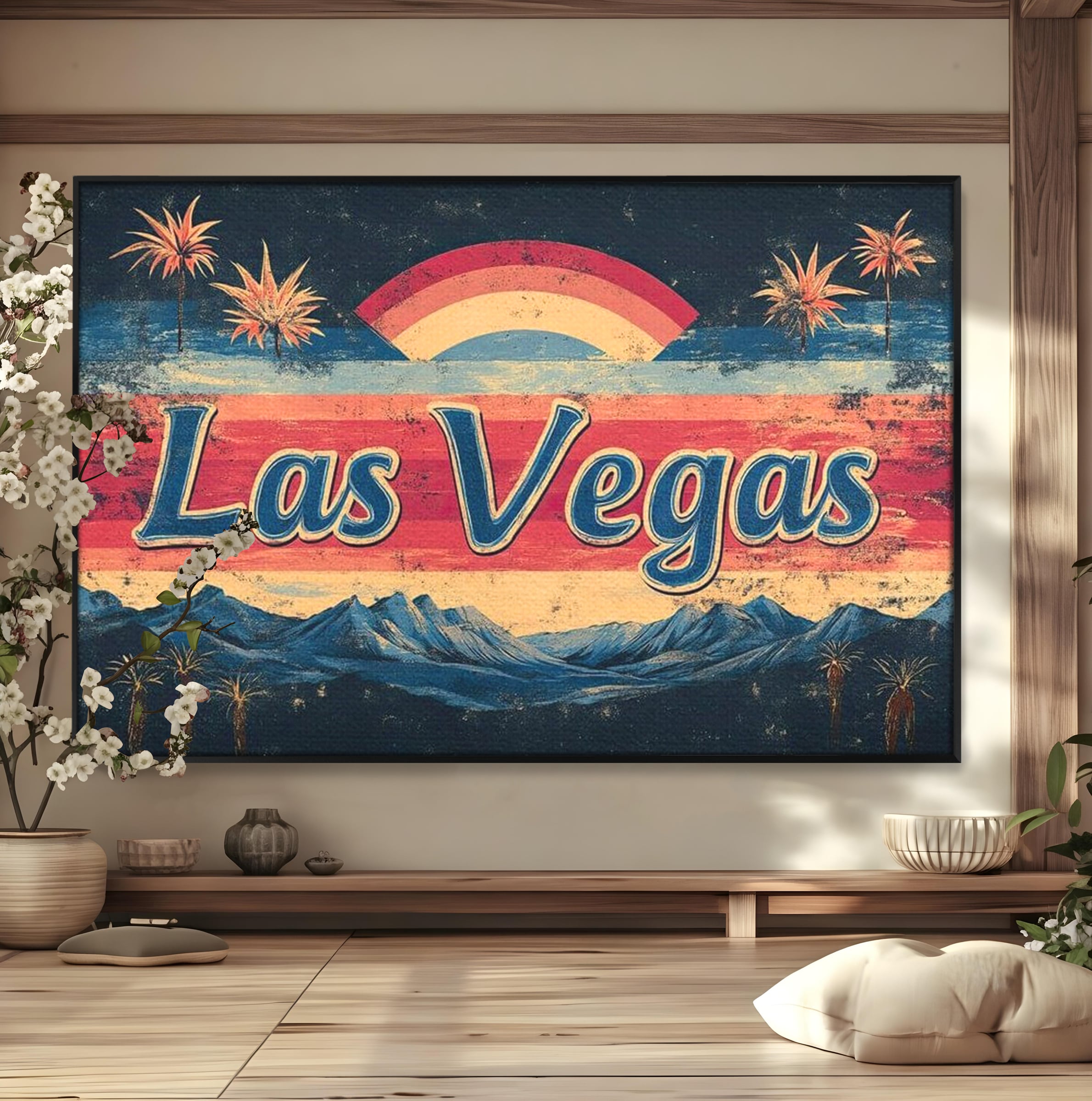 Tablou canvas cu ilustratie retro las vegas cu curcubeu si munti, in rama de aluminiu negru
